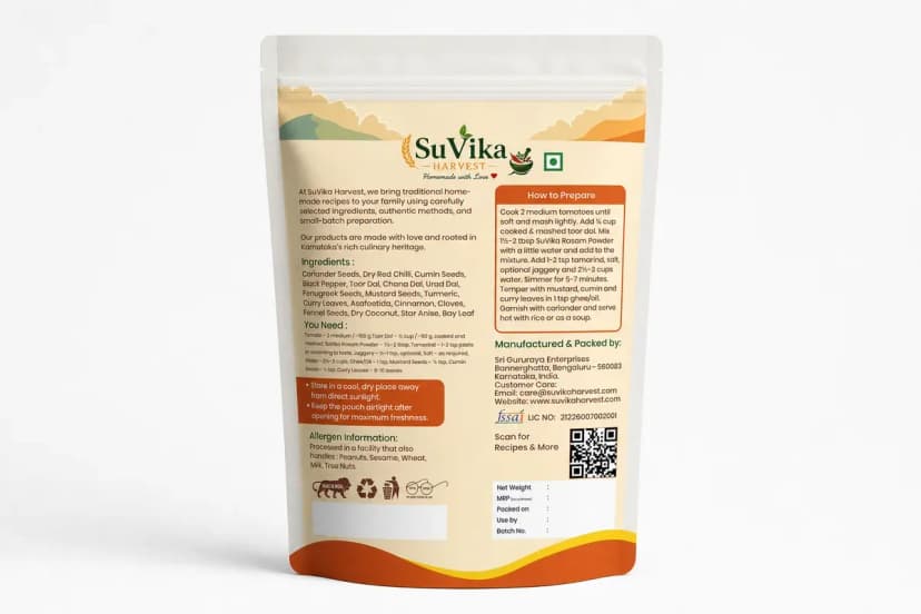 Rasam powder pouch back with clear labels