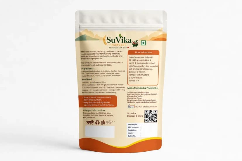 Sambar powder pouch back with ingredients and nutrition